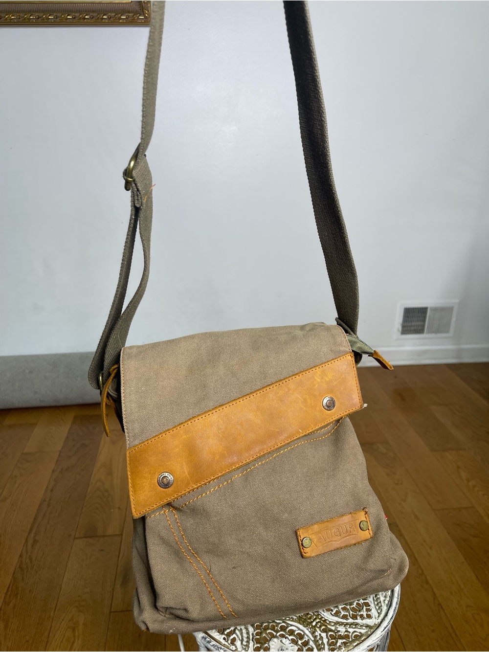 Augur Canvas Messenger Bag in Tan with Leather Trim